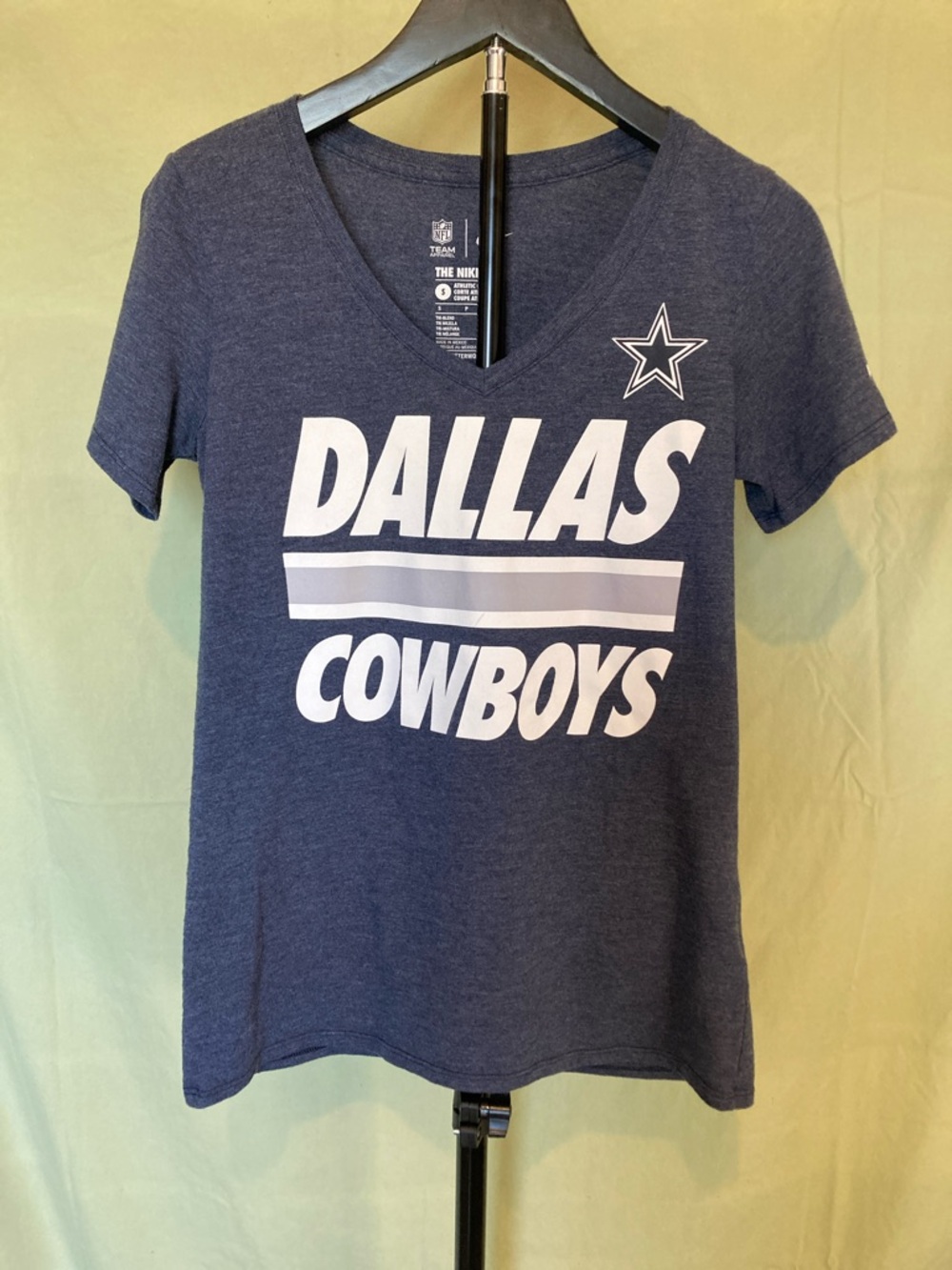 Nike Women’s Dallas Cowboys Navy V-Neck Tee w/White Graphics, Swoosh on sleeve